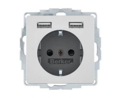 Розетка с заземлением + 2хUSB/2.4A, алюминий, Q.х Berker 48036084 Розетка с заземлением + 2хUSB/2.4A, алюминий, Q.х Berker 48036084