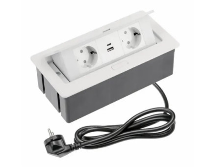 Удлинитель врезной SOFT на 2 розетки SCHUKO 2xUSB А+С, белый + провод 1,5 метра с вилкой AE-PBSUC2GS-10N