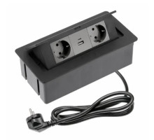 Розеточный блок врезной SOFT на 2 розетки SCHUKO 2xUSB А+С, чёрный, провод 1,5 метра с вилкой AE-PBSUC2GS-20NN