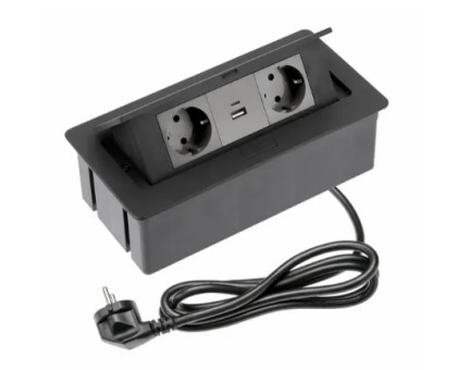 Розеточный блок врезной SOFT на 2 розетки SCHUKO 2xUSB А+С, чёрный, провод 1,5 метра с вилкой AE-PBSUC2GS-20NN