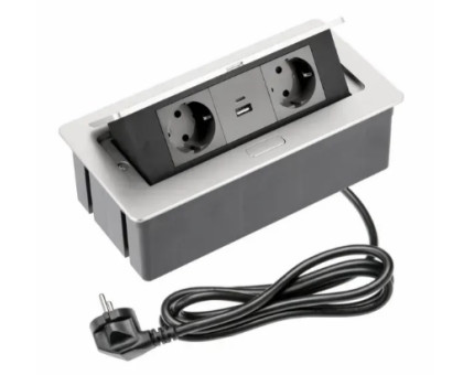 Розеточный блок врезной  SOFT на 2 розетки с заземлением SCHUKO 2xUSB А+С алюминий + провод с вилкой AE-PBSUC2GS-53N
